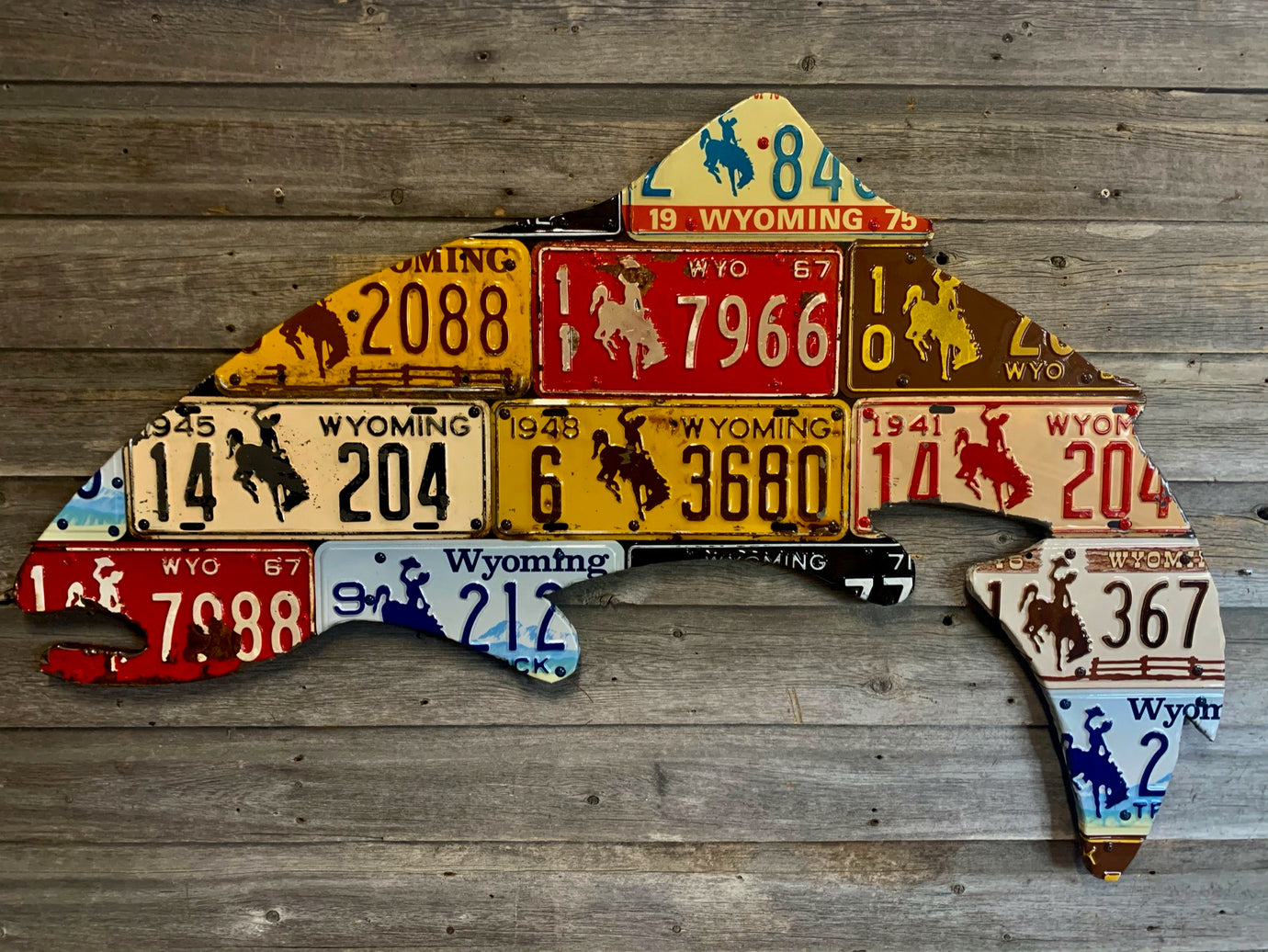 Large Antique 4-Foot Wyoming Trout License Plate Art