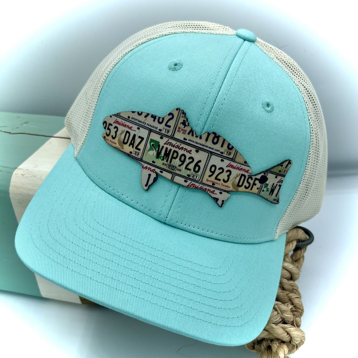 Redfish Flat Bill Hat - Genuine Leather Patch On Throwback Flat Bill Rope Hat, Husband Father’s Day Gift for Texas, Louisiana Florida Fishing