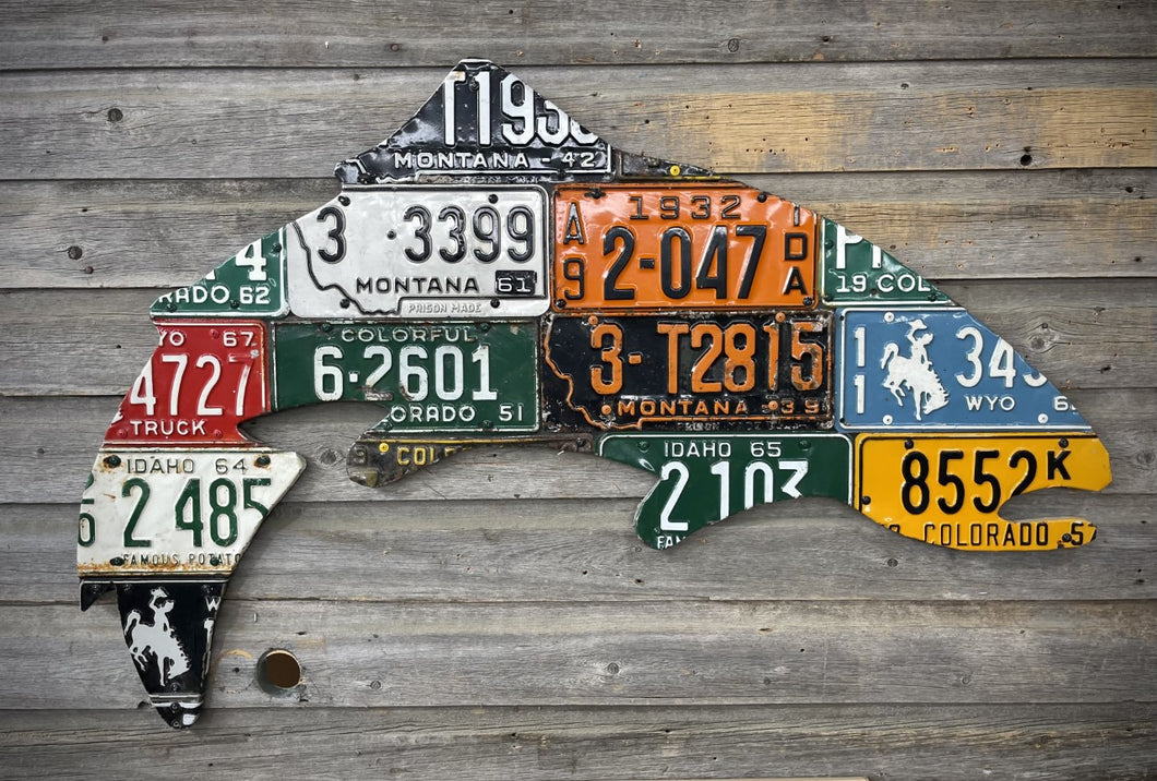Large Antique 4-Foot Mixed Western Trout License Plate Art - Ready-To-Ship
