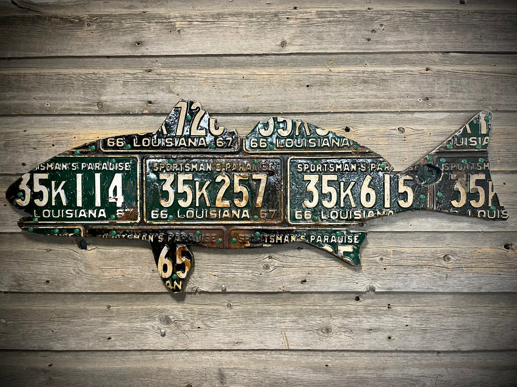 "Sportsman's Paradise" License Plates in the shape of a Redfish